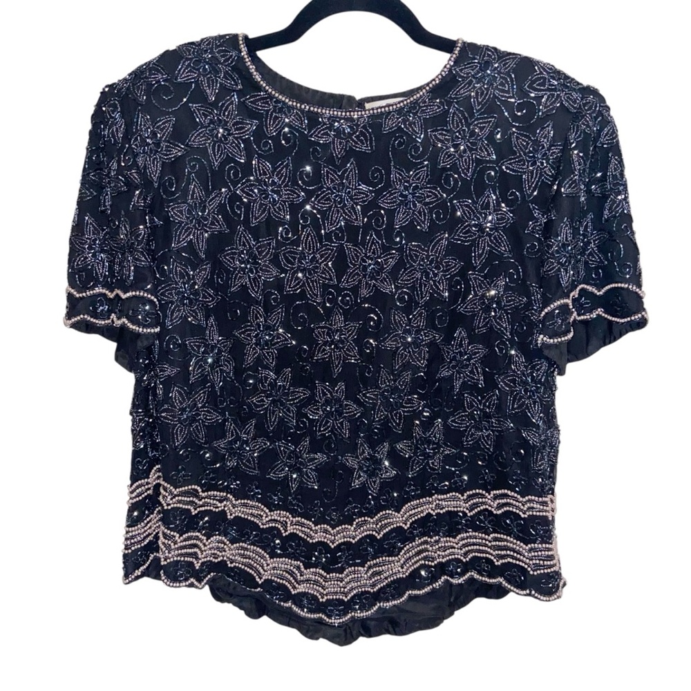 Adrianna Papell Blouse Womens XL Elegant Silk Beaded Evening Cocktail Vintage